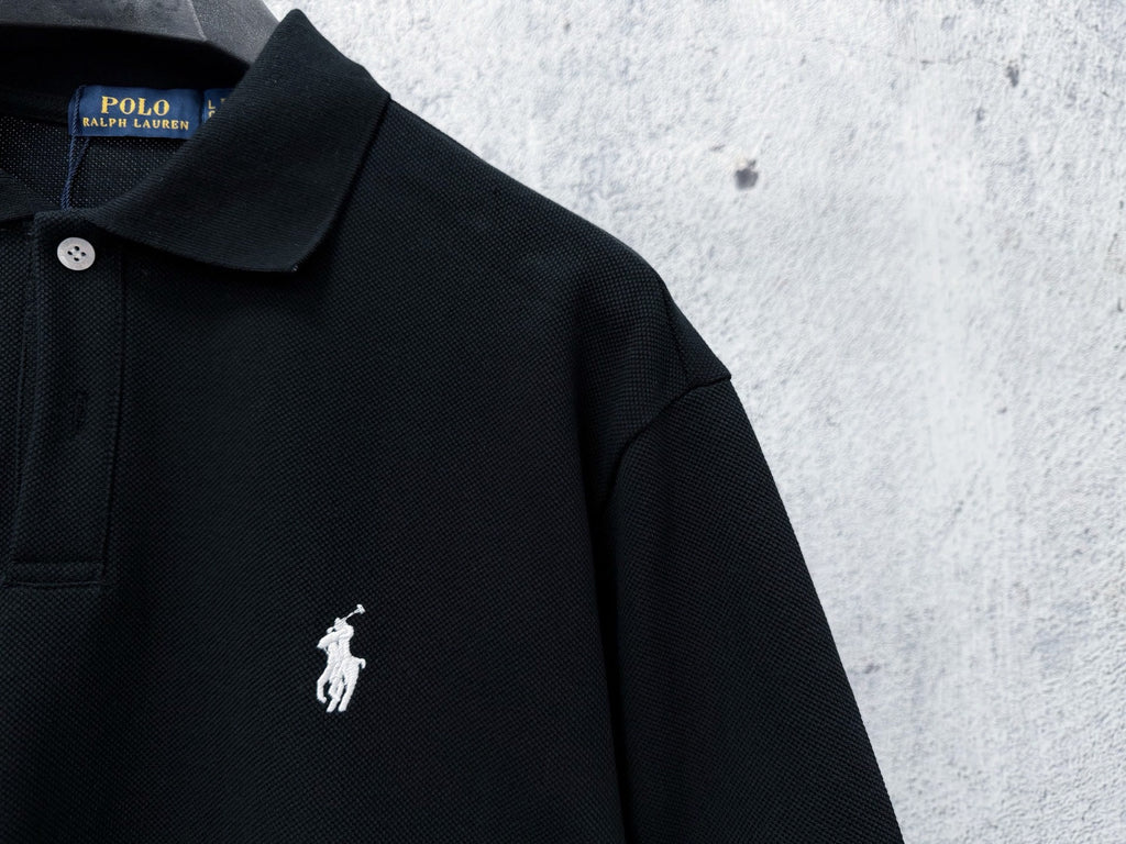Men's Pique Knit Short‑Sleeve Polo Shirt Small Horse Embroidery Solid Black Casual Top