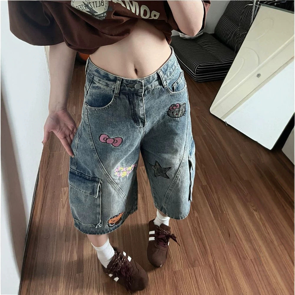 Kitty Patchwork Cargo Capri Denim Shorts Multi Pocket Baggy Wide Leg