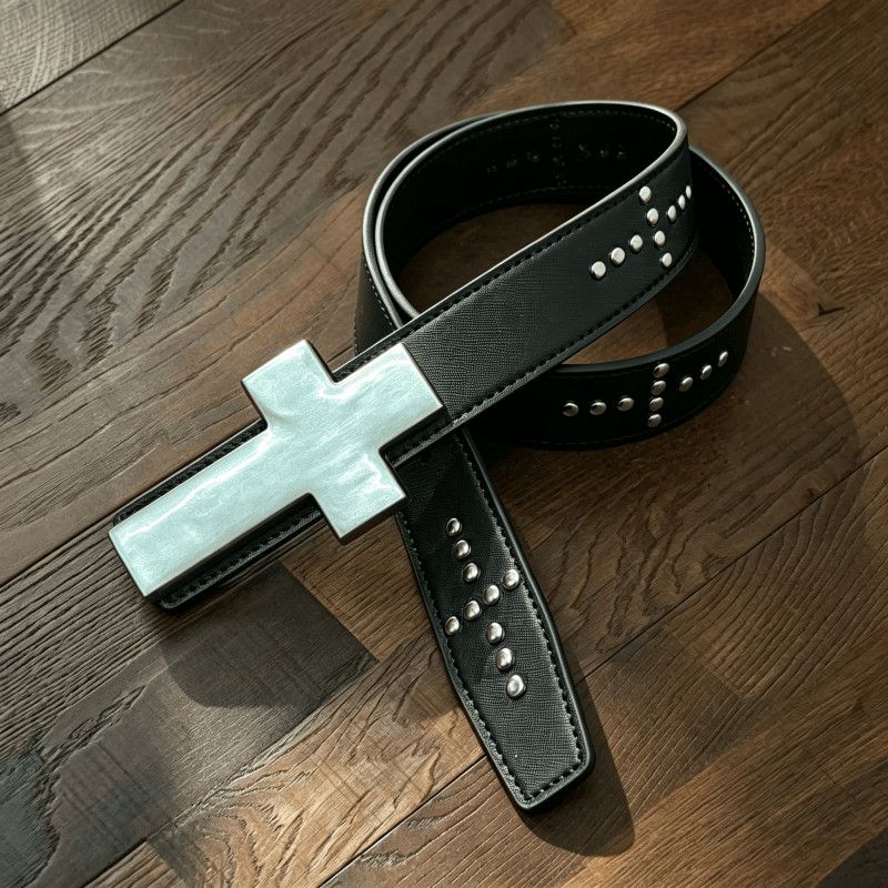 REBEL WAVE Cross Rivet Leather Belt Dark Punk Metal Buckle Unisex