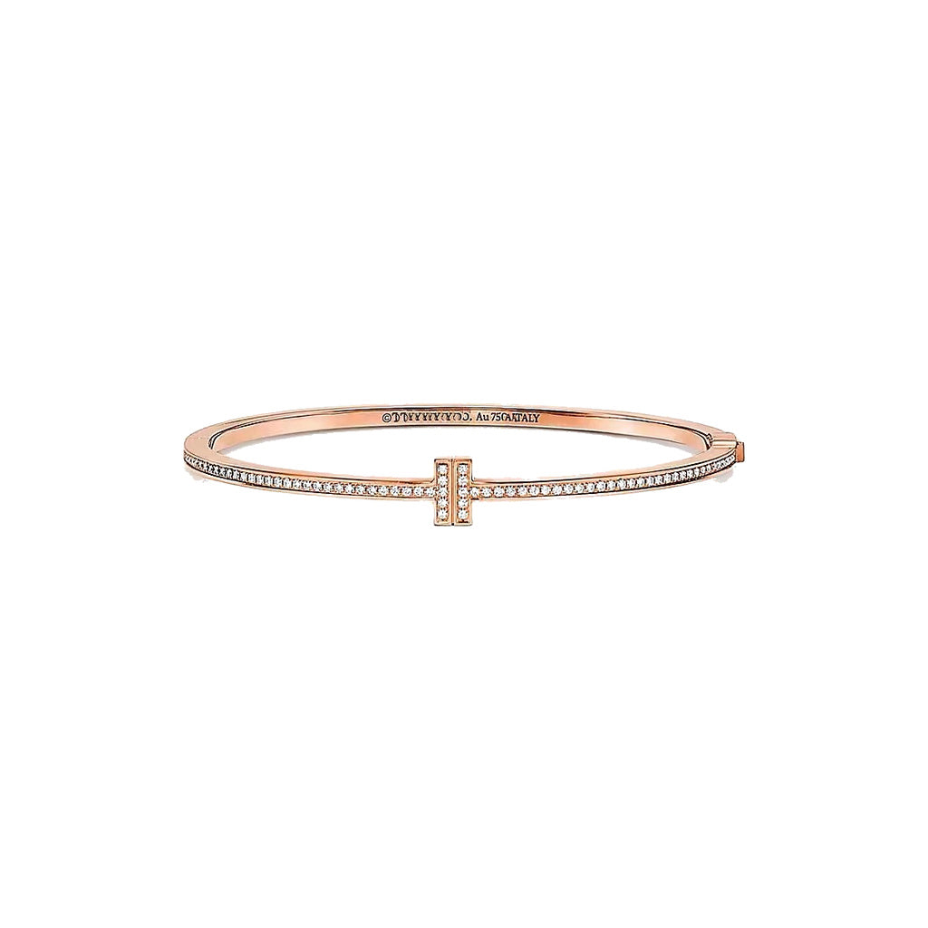Tiffany Style T Motif Cubic Zirconia 18K Gold-Plated Bangle