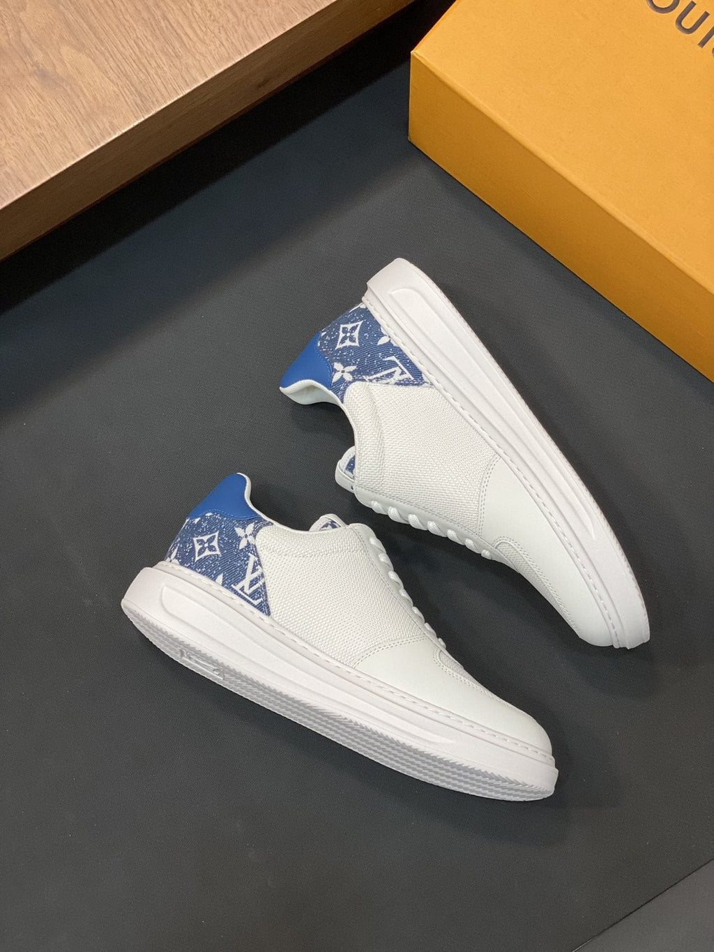 Louis Vuitton White and Blue Low-Top Sneakers