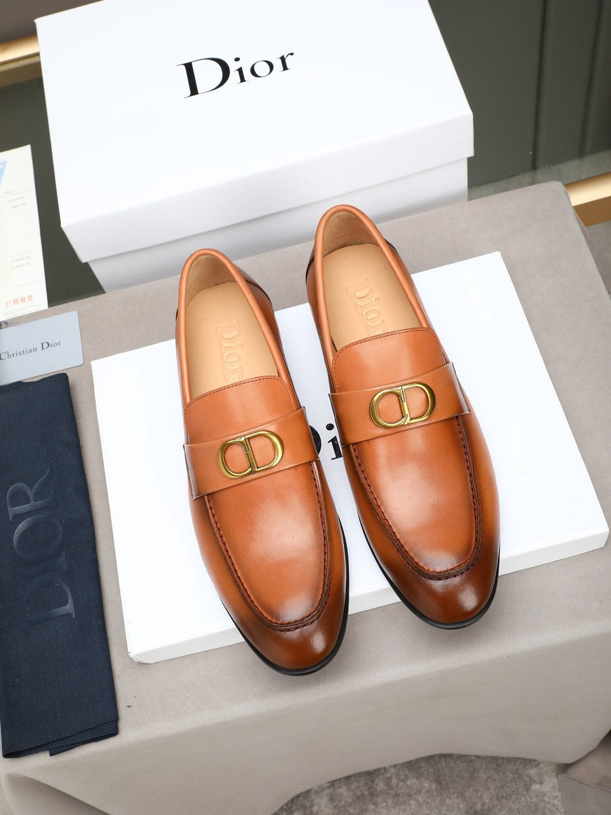 Dior Cognac Brown Gold-Hardware Loafers