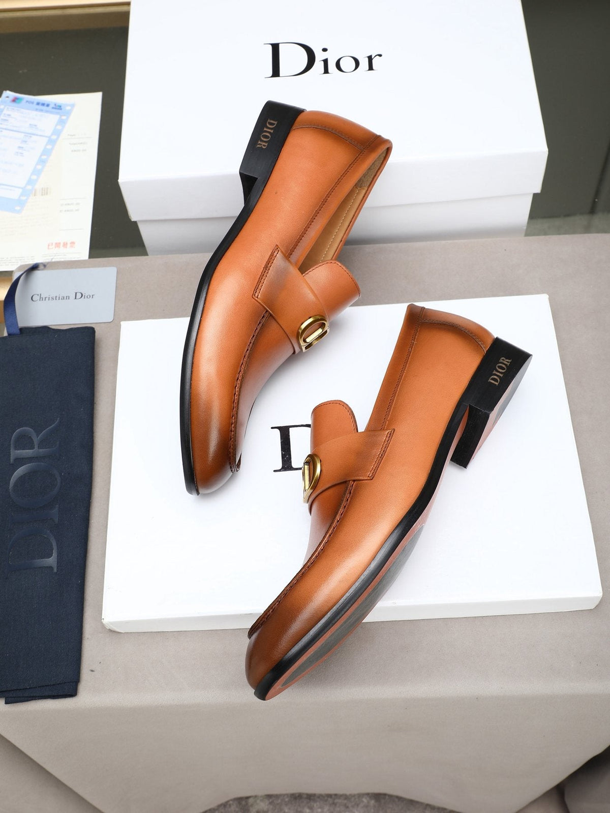 Dior Cognac Brown Gold-Hardware Loafers