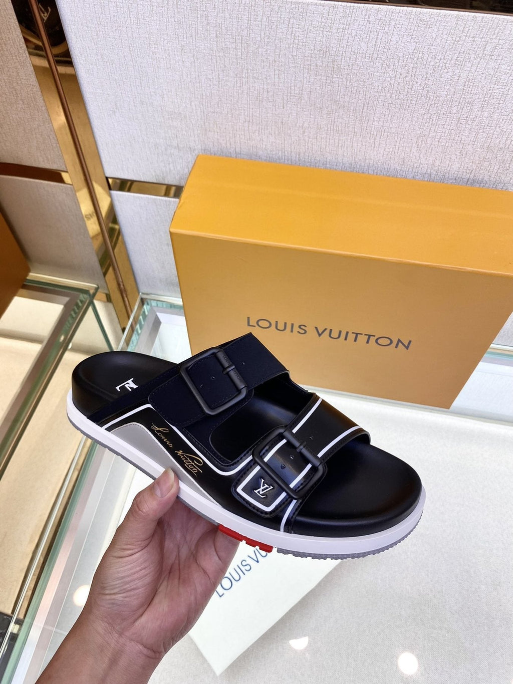 Louis Vuitton Black Two-Strap Slide Sandals