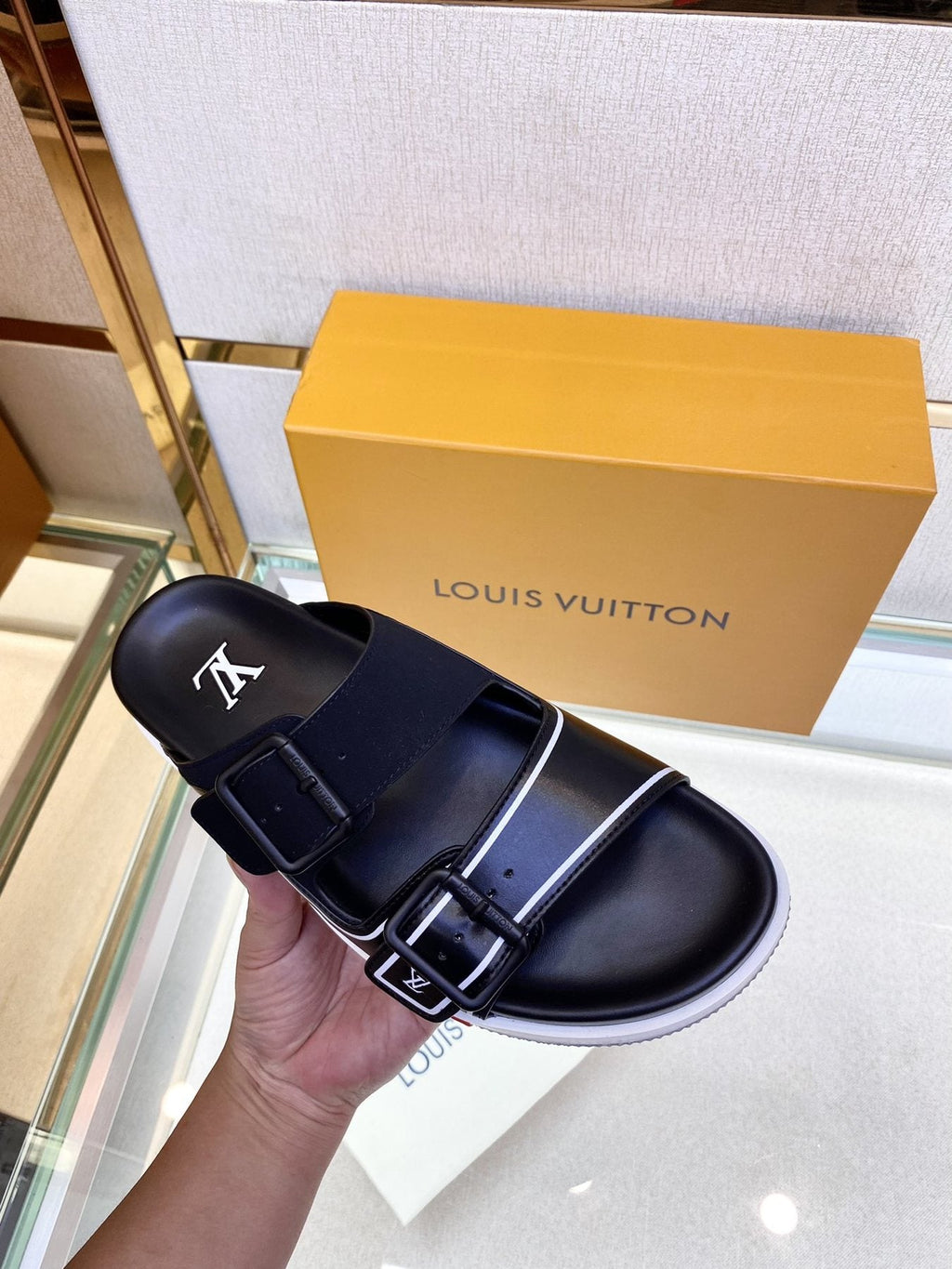 Louis Vuitton Black Two-Strap Slide Sandals