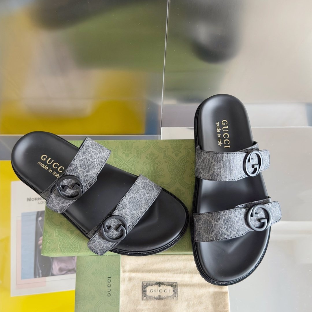 Gucci Gray Monogram Slide Sandals