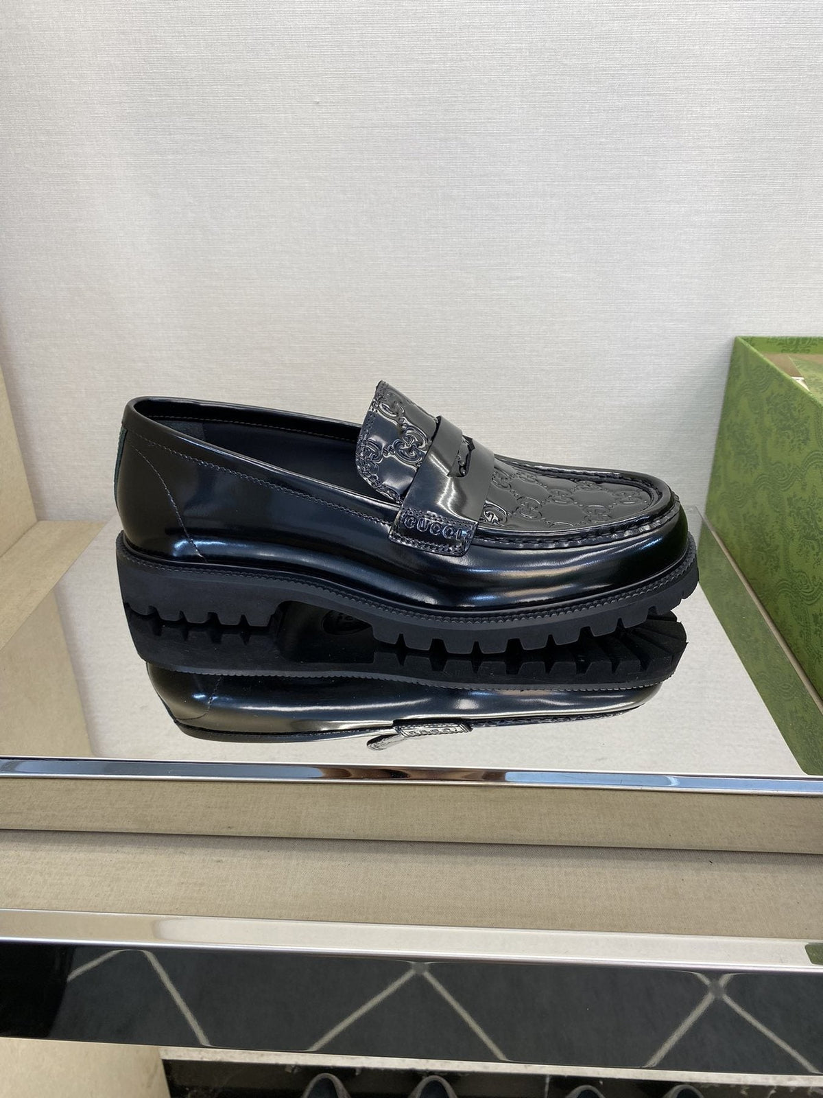 Gucci Men's Black Embossed Lug Sole Loafers