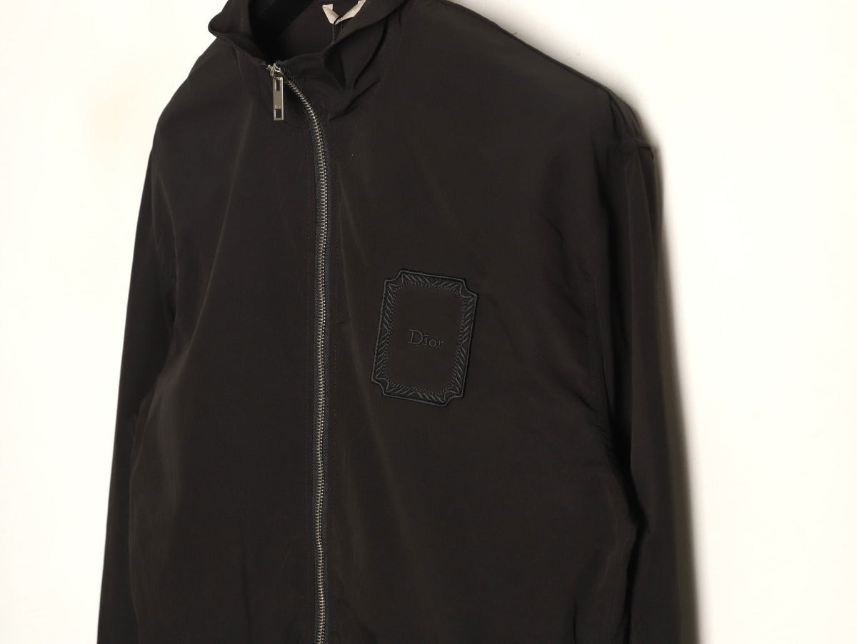 Dior Tonal Chest-Badge Stand-Collar Zip Jacket - Black